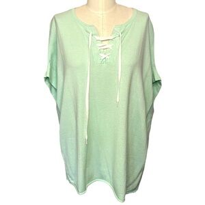 Zoe Couture Collection Mint Green Knit Tunic Lace Up Neck Short Sleeve M L